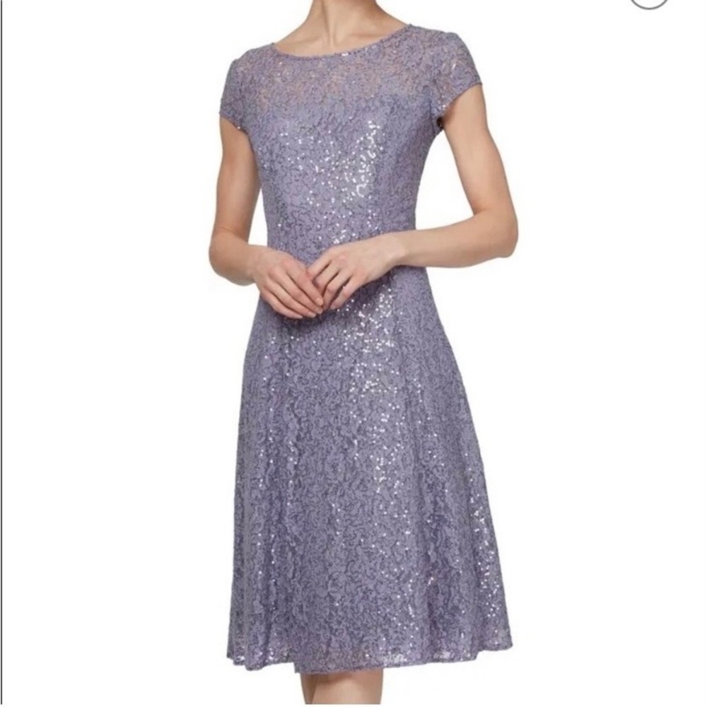 NWT Ignite Evenings Womens Purple Sequin Lace Midi Dress Cap Sleeve Size 6